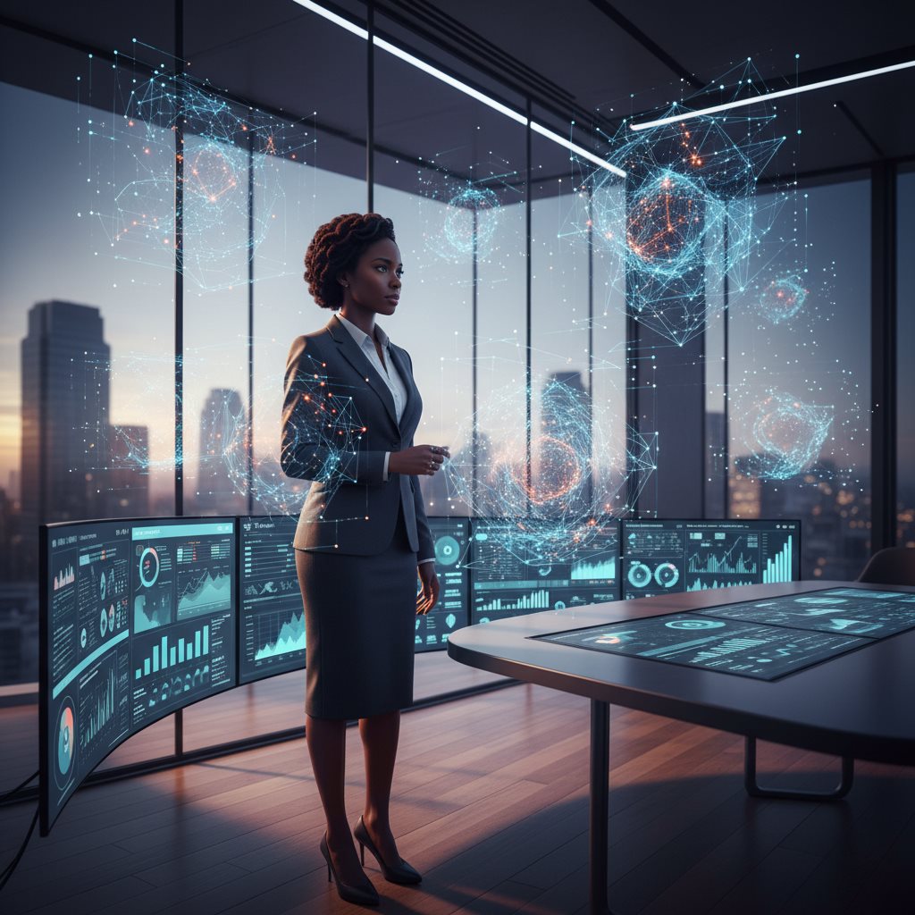 Experte NEXORA devant des tableaux de bord digitaux